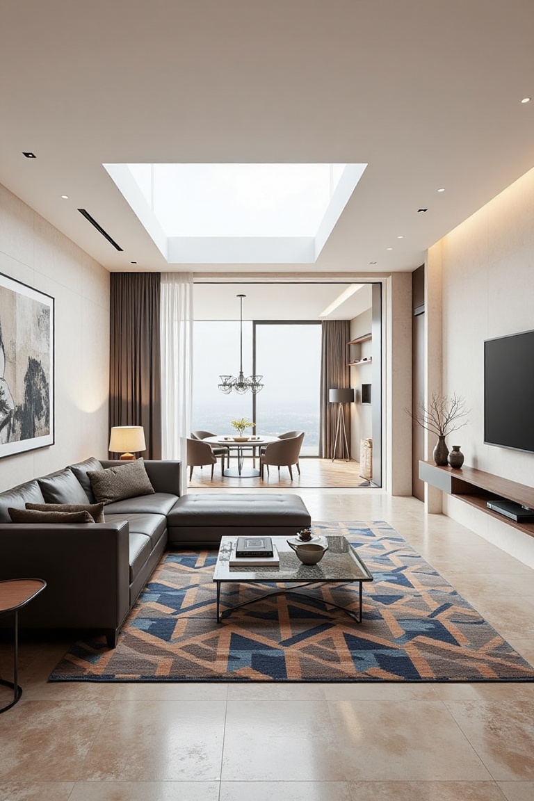 A futuristic living room in 2025,  featuring sleek lines and minimalistic decor,  with a wall of floor-to-ceilings glass w...