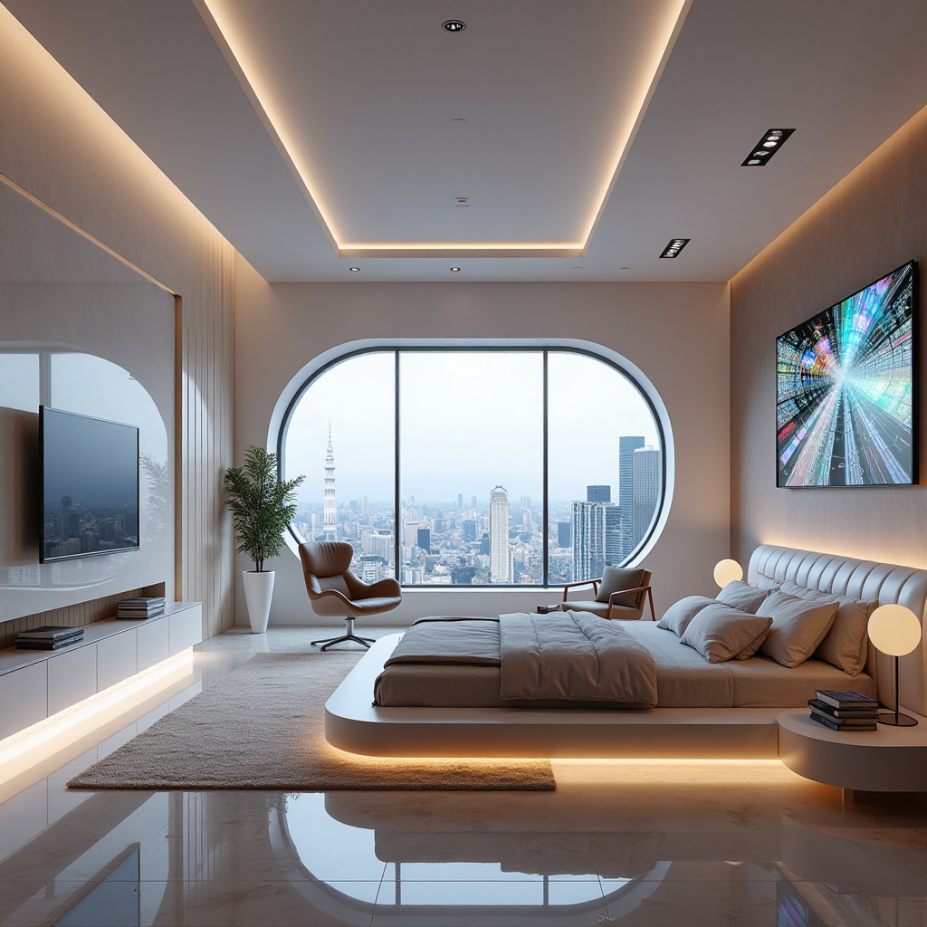 A futuristic bedroom in 2025: A minimalist sanctuary with sleek lines and curved shapes. Soft LED lighting wraps around th...
