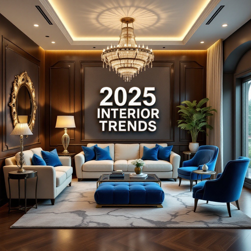 A sleek,  modern living room shot for '2025 INTERIOR TRENDS',  with a bold on Tensor.Art