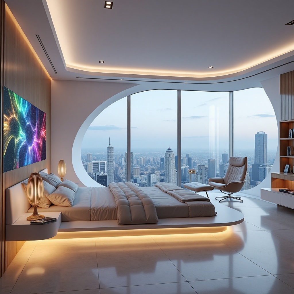 A futuristic bedroom in 2025: A minimalist sanctuary with sleek lines and curved shapes. Soft LED lighting wraps around th...
