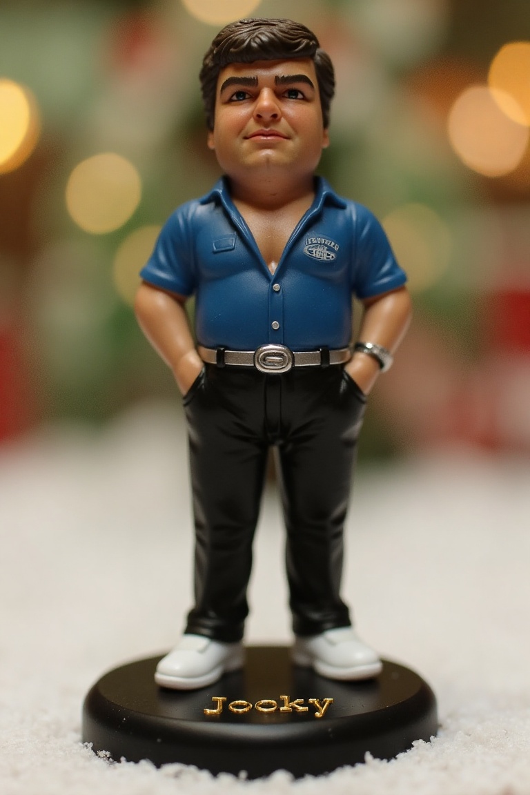 This is a high-resolution photograph of a detailed,  miniature action figure of Jocky Wilson,  standing on a round on Tens...