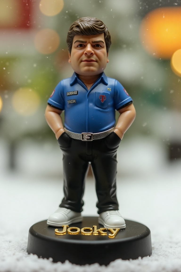 This is a high-resolution photograph of a detailed,  miniature action figure of Jocky Wilson,  standing on a round on Tens...