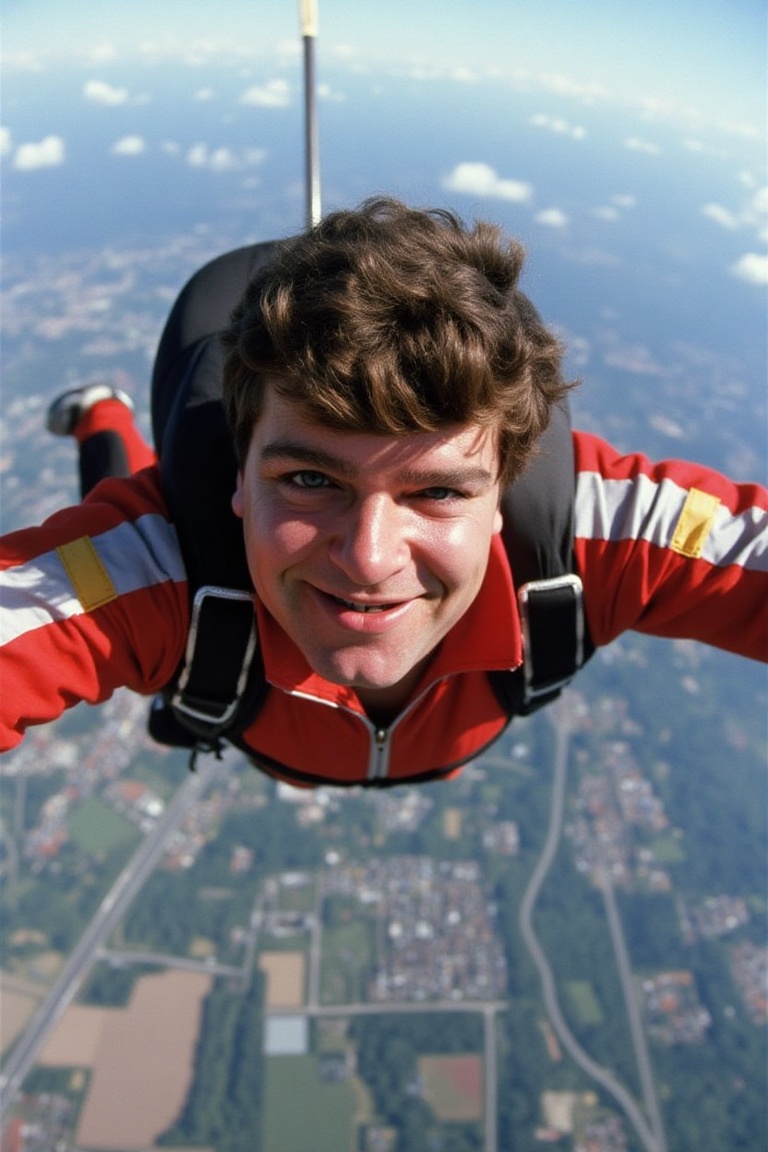 The image is a high-resolution photograph of Jocky Wilson skydiving,  a POV shot in freefall on Tensor.Art