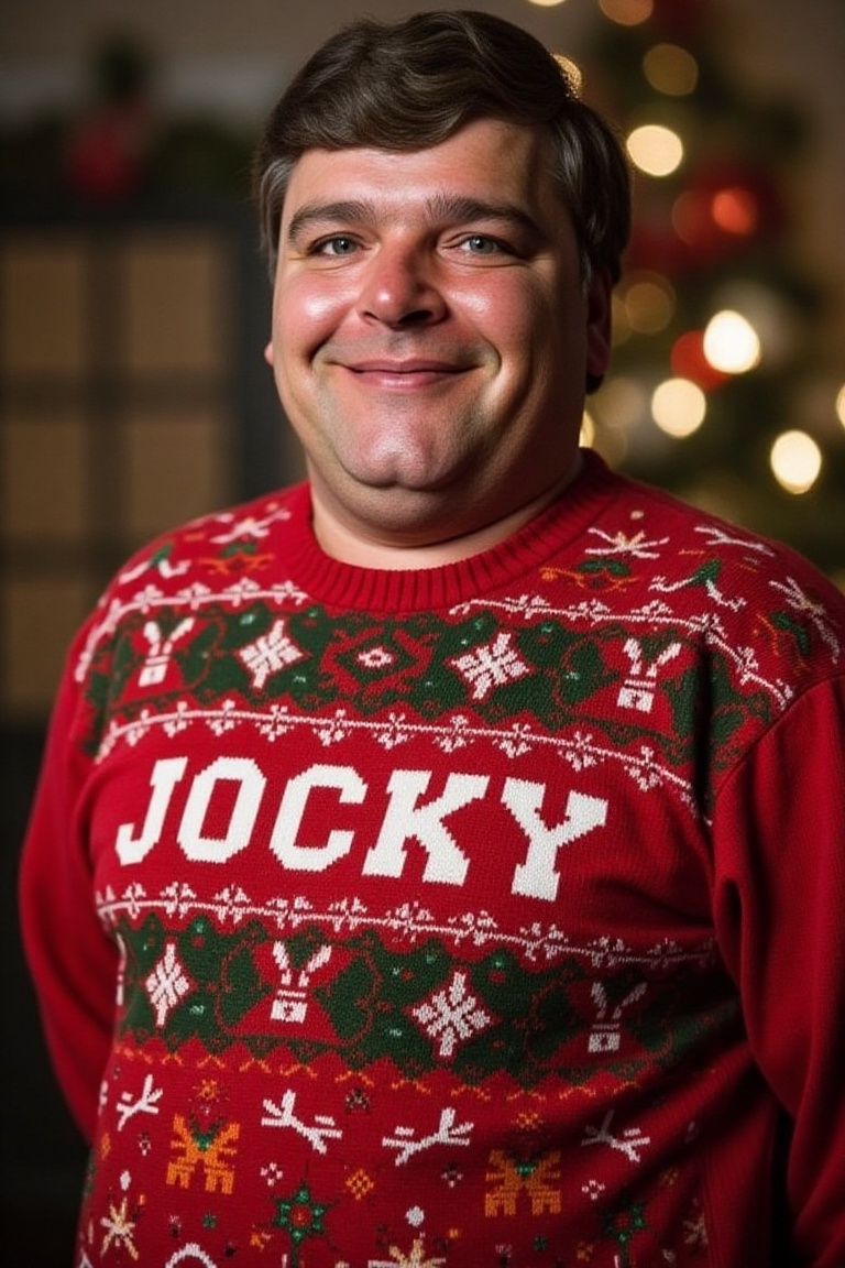 The image is a high-resolution photograph of a man wearing a Christmas themed sweater with the words "JOCKY" knitted in to...