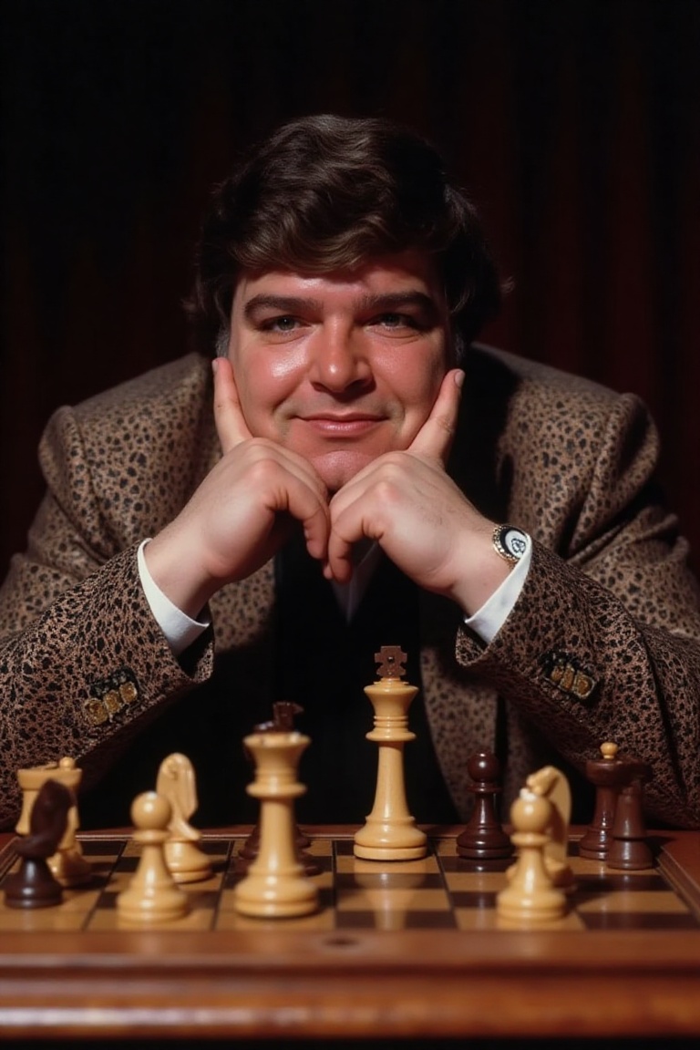 The image is a high-resolution photograph of Jocky Wilson sitting behind a chess board wearing a paisley smoking jacket,...
