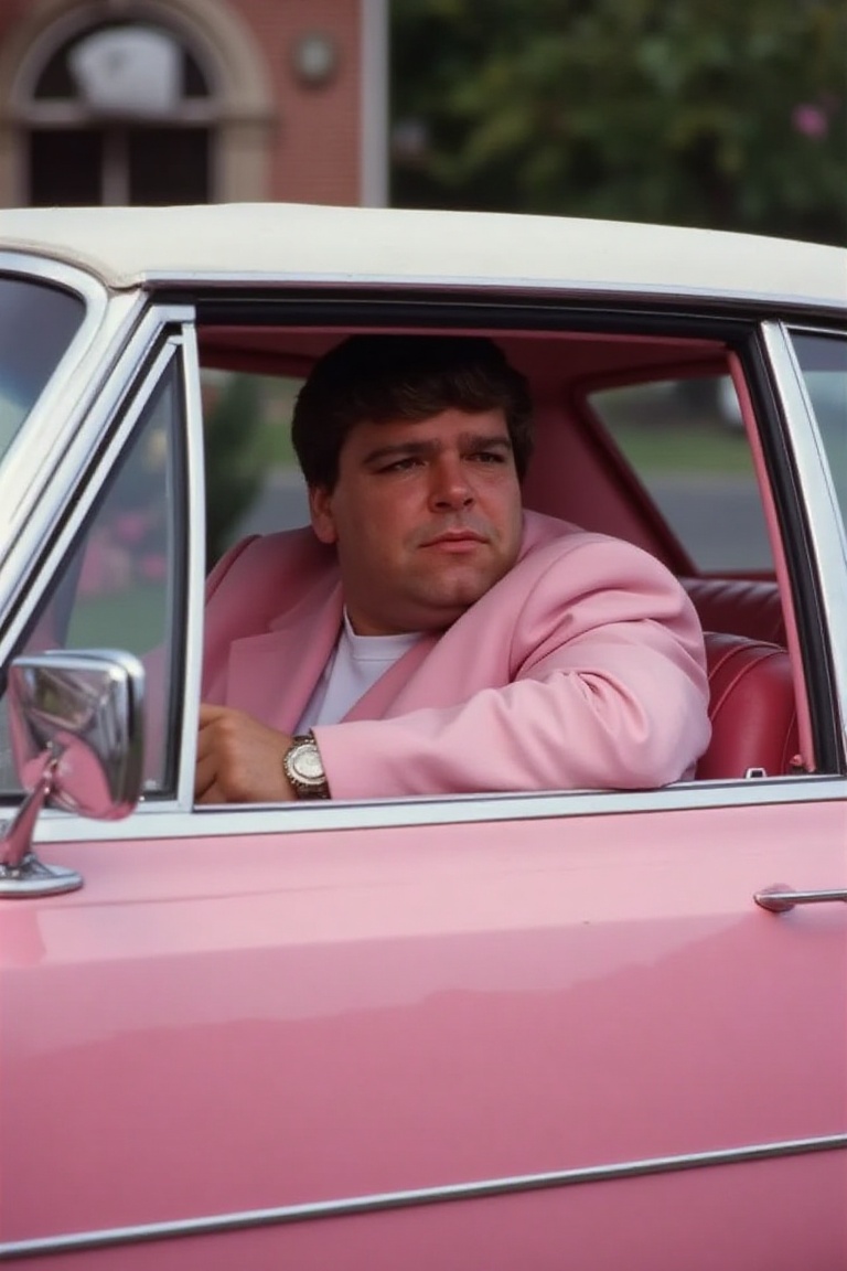The image is a high-resolution photograph of Jocky Wilson sitting in a pink cadillac,  looking back over his shoulder out...