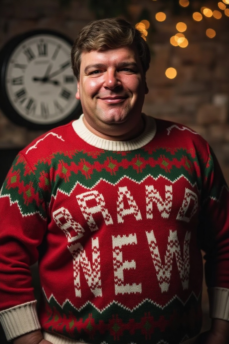 The image is a high-resolution photograph of a man wearing a Christmas themed sweater with the words "BRAND NEW" knitted i...