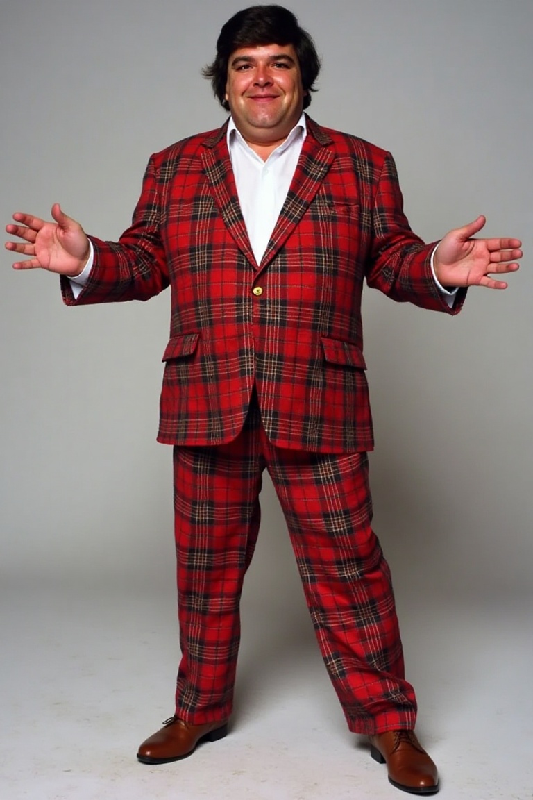 The image is a high-resolution photograph of Jocky Wilson wearing a vibrant tartan suit with a white dress shirt,  standin...