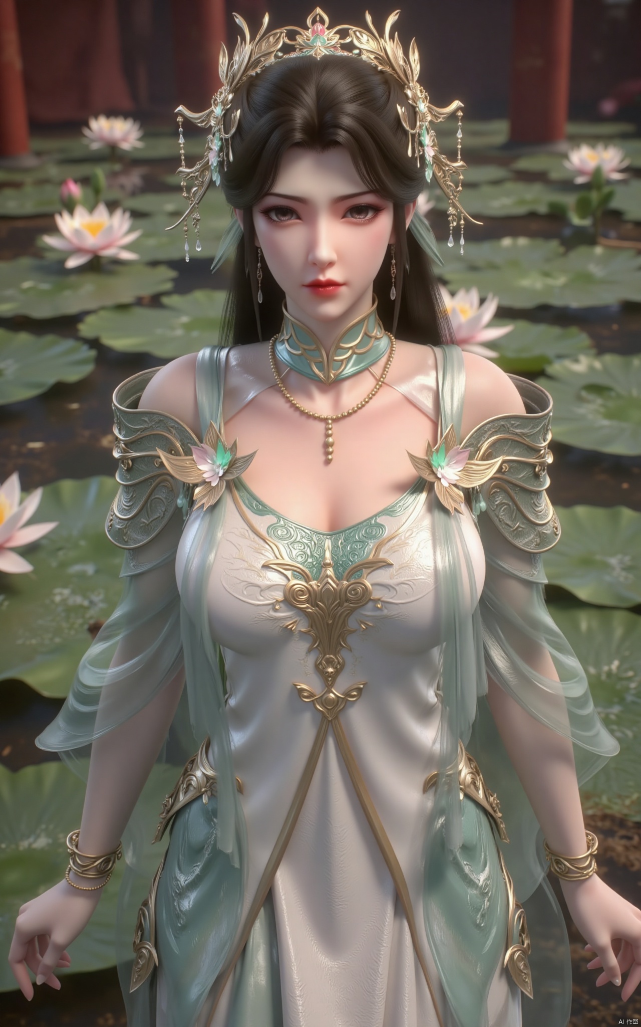 masterpiece,(best quality),official art, (1girl), (solo), ((looking_at_viewer)),(huge breasts:2.39),(full breasts:1.99),Xzhaoliner,(Lotus pond, lotus:1.52),Xyanqingcheng,Xxiyouqin,Xhongdie,Xlannuo,Xtianhuxianzi,Xhenrendadi