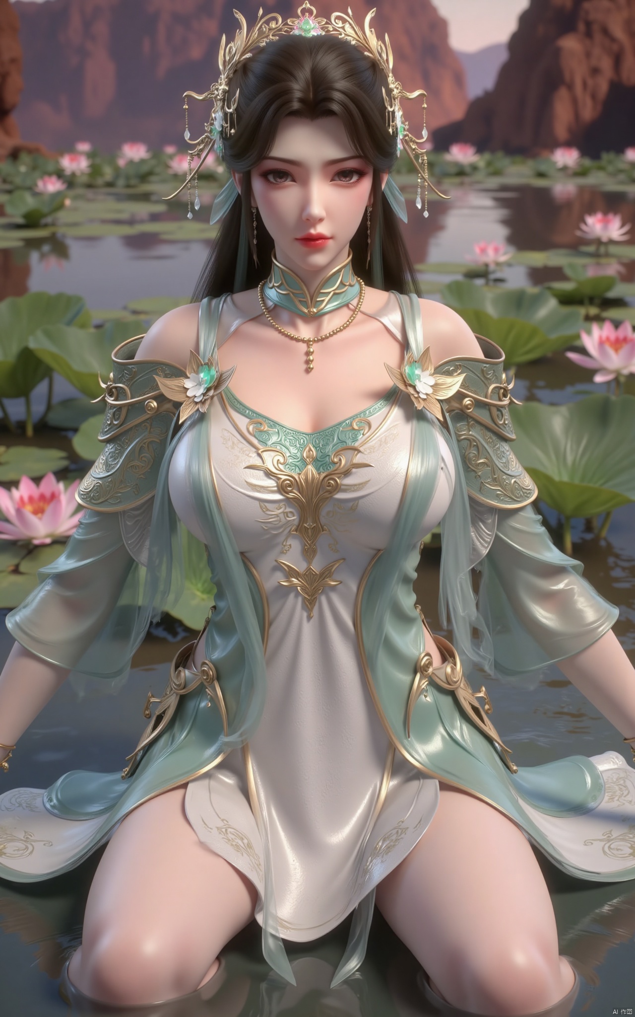 masterpiece,(best quality),official art, (1girl), (solo), ((looking_at_viewer)),(huge breasts:2.39),(full breasts:1.99),Xzhaoliner,(Lotus pond, lotus:1.52),Xyanqingcheng,Xxiyouqin,Xhongdie,Xlannuo,Xtianhuxianzi,Xhenrendadi