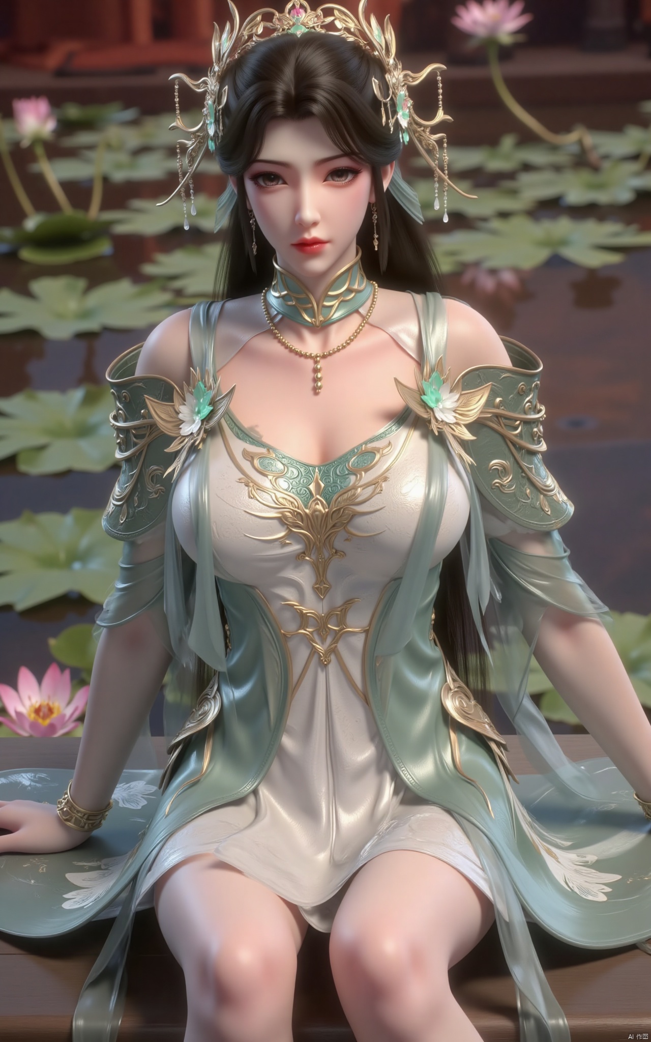masterpiece,(best quality),official art, (1girl), (solo), ((looking_at_viewer)),(huge breasts:2.39),(full breasts:1.99),Xzhaoliner,(Lotus pond, lotus:1.52),Xyanqingcheng,Xxiyouqin,Xhongdie,Xlannuo,Xtianhuxianzi,Xhenrendadi
