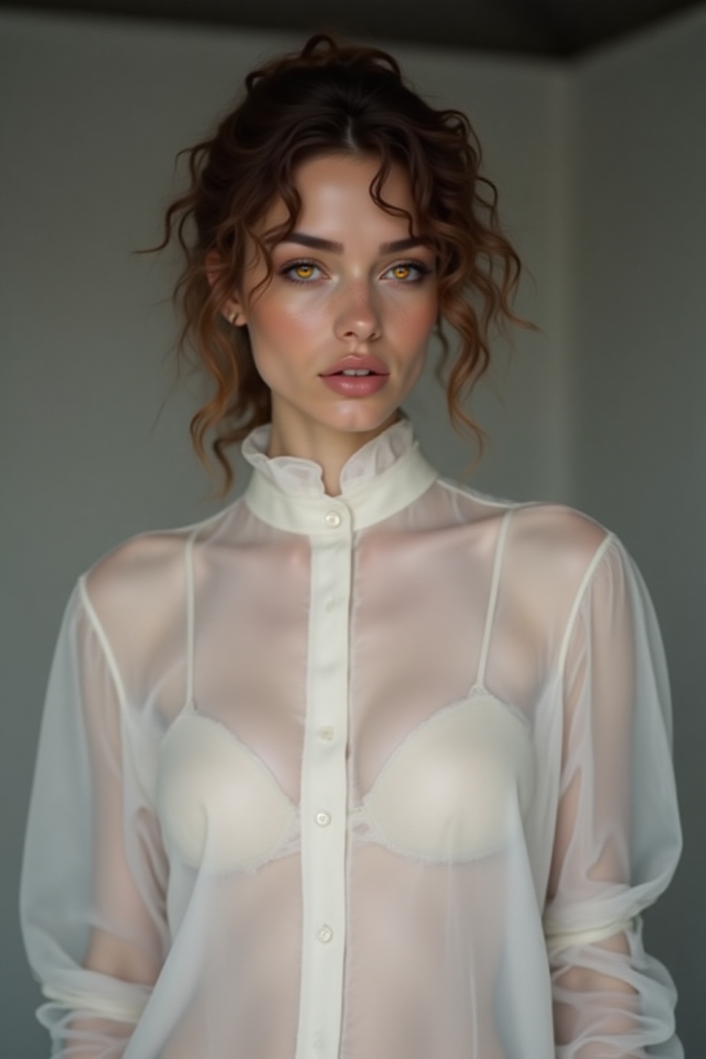 professional fashion photo,  medium shot,  of a stunning model in a sheer extremely shiny white nylon longsleve shirt on T...