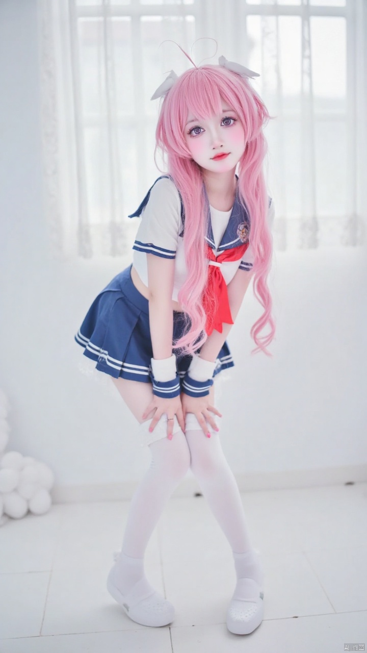 bby,A cute girl with pink long hair, dressed in sailor clothing, and white stockings, Perfectly proportioned body shape, minimalist background, half body photo, leaning forward, 4K, adding details, enhancing details, clarity, extremely high resolution,A罩杯,全身照,V,
