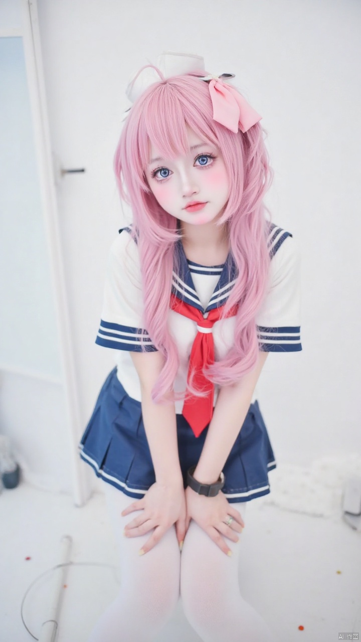 bby,A cute girl with pink long hair, dressed in sailor clothing, and white stockings, Perfectly proportioned body shape, minimalist background, half body photo, leaning forward, 4K, adding details, enhancing details, clarity, extremely high resolution,A罩杯,全身照,V,