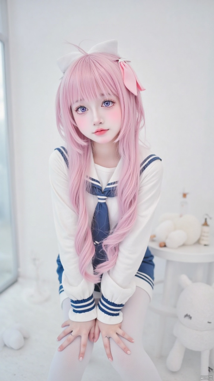 bby,A cute girl with pink long hair, dressed in sailor clothing, and white stockings, Perfectly proportioned body shape, minimalist background, half body photo, leaning forward, 4K, adding details, enhancing details, clarity, extremely high resolution,A罩杯,全身照,V,