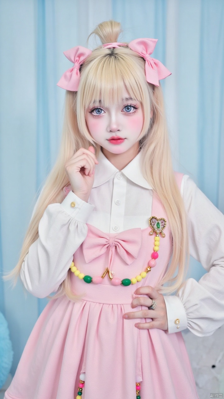 bby,a asian girl with long blonde hair and blue eyes stands in front of a light blue backdrop. Her face is adorned with a white collared button-down shirt, a pink bow, and a pink dress adorned with green, yellow, and pink beads. Her hair is tied up in a bow at the top of her head, with two pink bows on either side of her hair. Her left hand is resting on her hip, adding a touch of warmth to the scene.