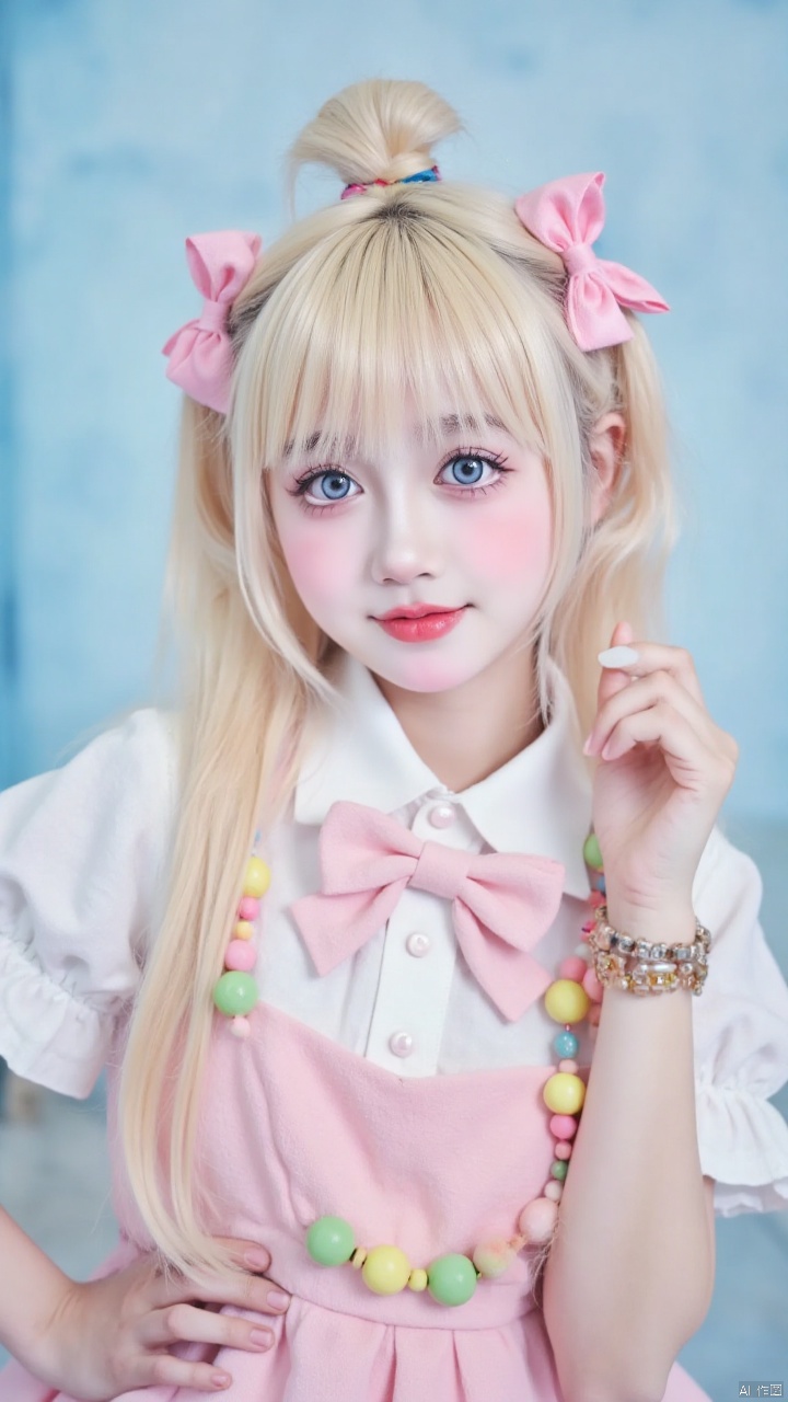 bby,(asian girl,long blonde hair,blue eyes,white collared button-down shirt,pink bow,pink dress,green yellow and pink beads,hair tied up in a bow,two pink bows on either side of her hair,left hand resting on hip,light blue backdrop,best quality,4k,8k,highres,masterpiece:1.2,ultra-detailed,realistic,photorealistic,photo-realistic:1.37,HDR,UHD,studio lighting,ultra-fine painting,sharp focus,physically-based rendering,extreme detail description,professional,vivid colors,bokeh,portrait,soft lighting,delicate features,beautiful detailed eyes,beautiful detailed lips,extremely detailed eyes and face,long eyelashes,smiling,gentle expression,adorable,innocent,whimsical,serene atmosphere)
