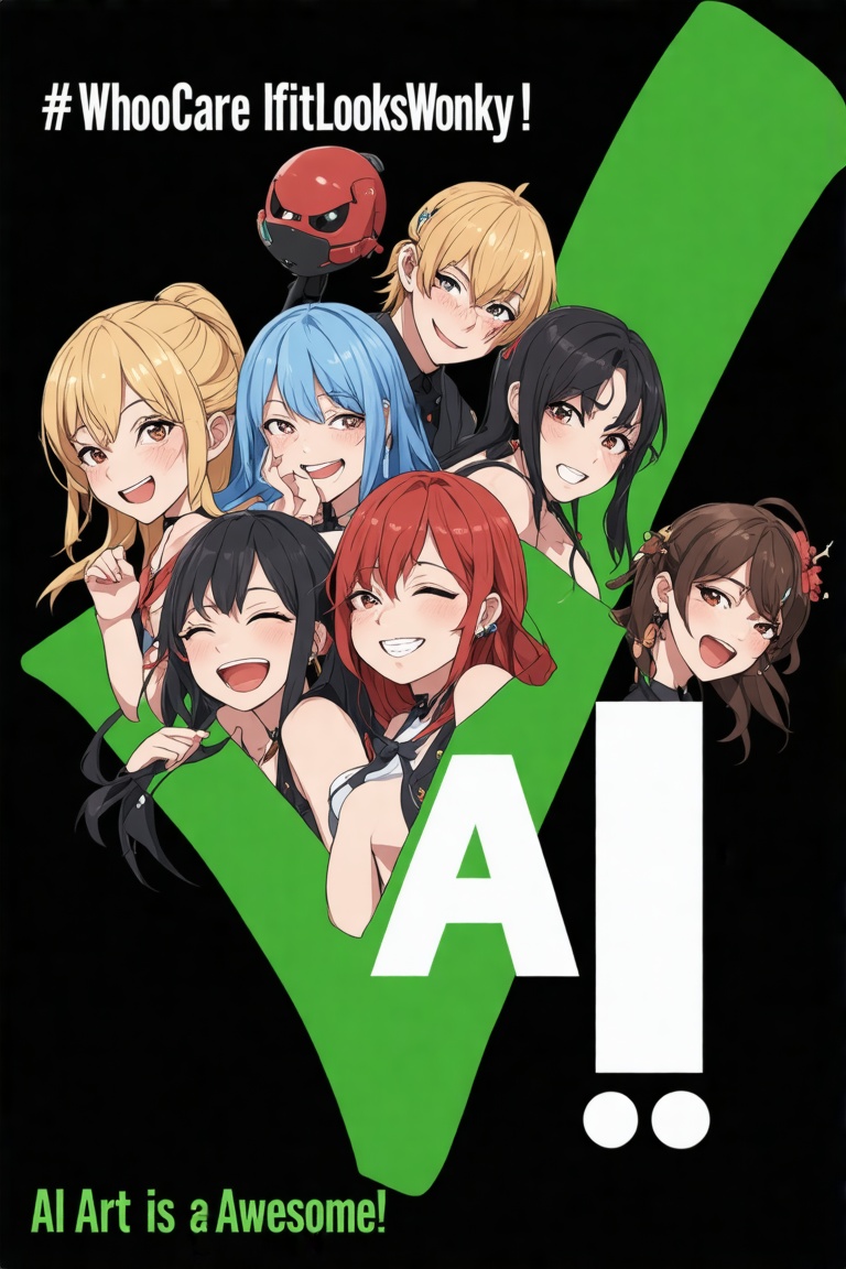 This image is a anime digital graphic on black background designed to convey a parody message. The central element is a la...