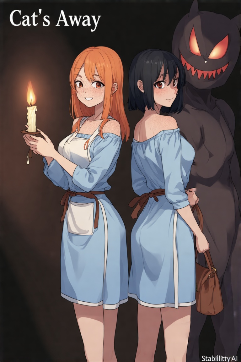 This image is a digital illustration in a cartoon style,  featuring two young women against a dark,  shadowy backdrop. The...