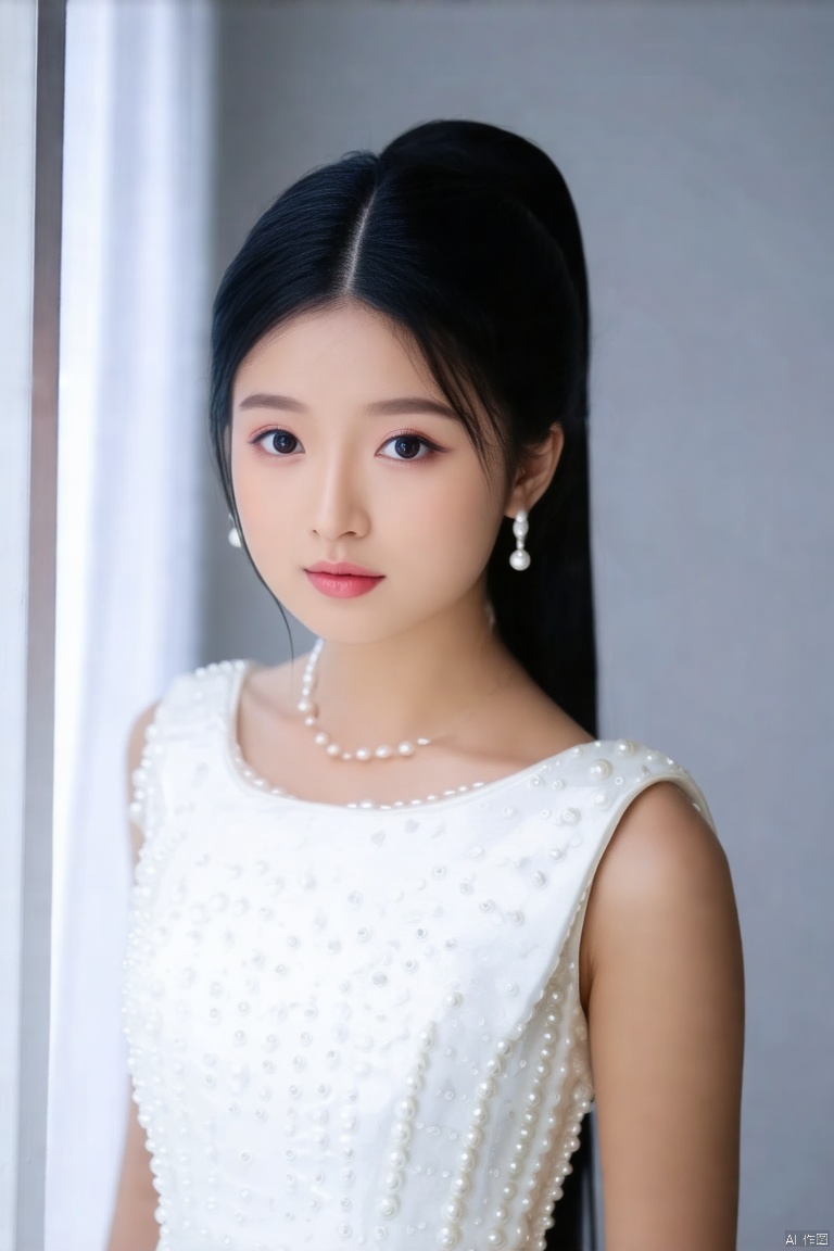 a young Asian woman. She is wearing a white sleeveless dress adorned with white pearls. Her hair is pulled back in a ponytail, adding a touch of color to her face. Her eyes are a piercing black, her lips are a light pink, and her hair is a vibrant shade of black. The backdrop is a stark white, with a light gray wall behind her. 