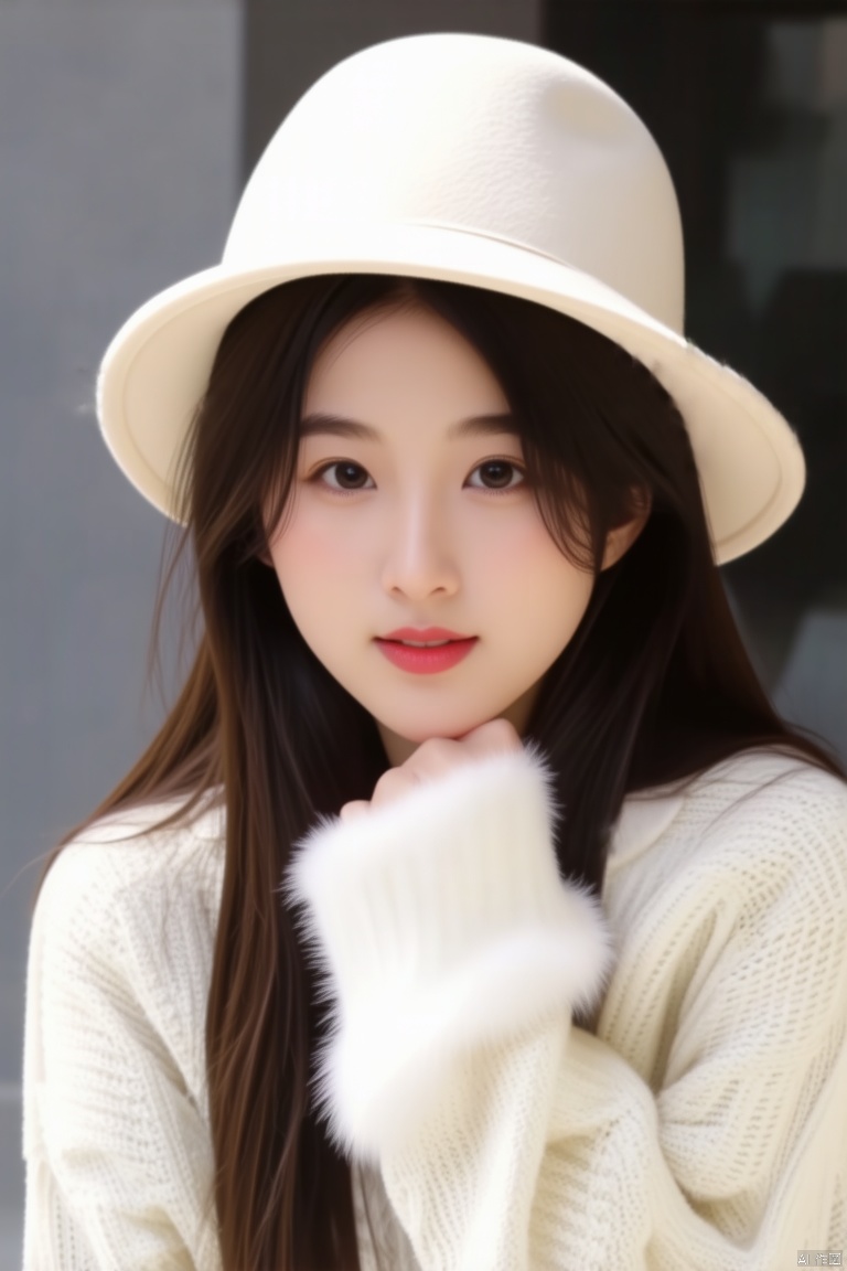 A close-up shot of a young Asian woman with long dark brown hair and a white hat on her head. She is wearing a white long-sleeved sweater with a white fur cuff. 
