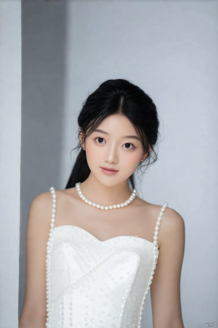 a young Asian woman. She is wearing a white sleeveless dress adorned with white pearls. Her hair is pulled back in a ponytail, adding a touch of color to her face. Her eyes are a piercing black, her lips are a light pink, and her hair is a vibrant shade of black. The backdrop is a stark white, with a light gray wall behind her. 