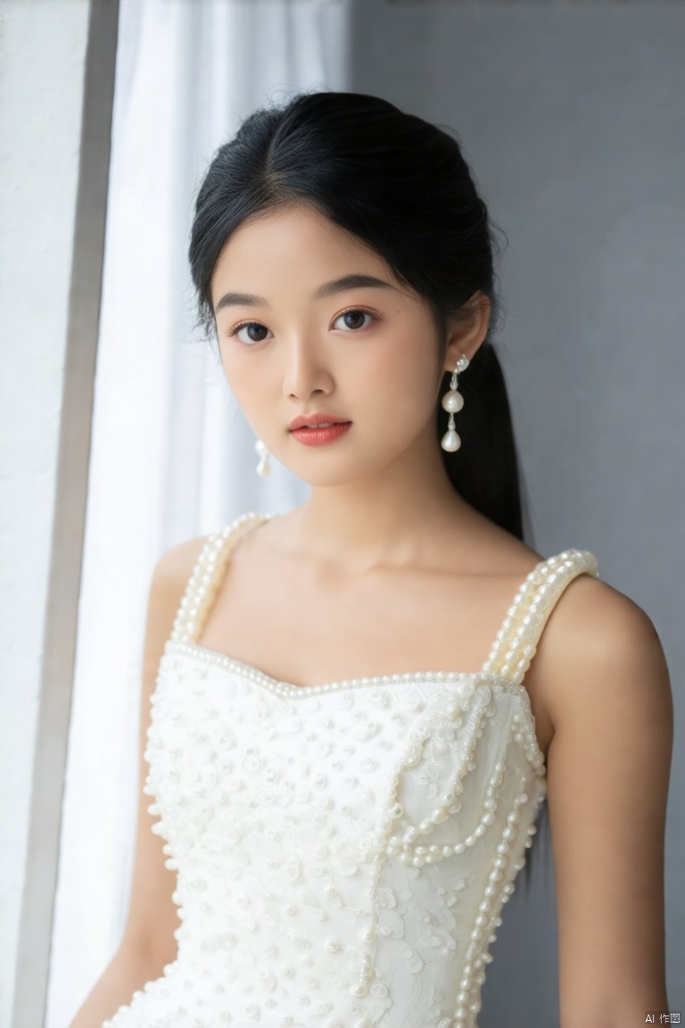 a young Asian woman. She is wearing a white sleeveless dress adorned with white pearls. Her hair is pulled back in a ponytail, adding a touch of color to her face. Her eyes are a piercing black, her lips are a light pink, and her hair is a vibrant shade of black. The backdrop is a stark white, with a light gray wall behind her. 