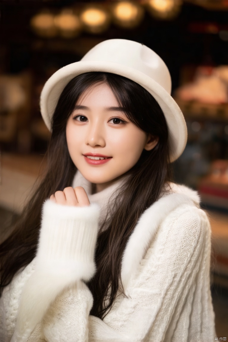 A close-up shot of a young Asian woman with long dark brown hair and a white hat on her head. She is wearing a white long-sleeved sweater with a white fur cuff. 