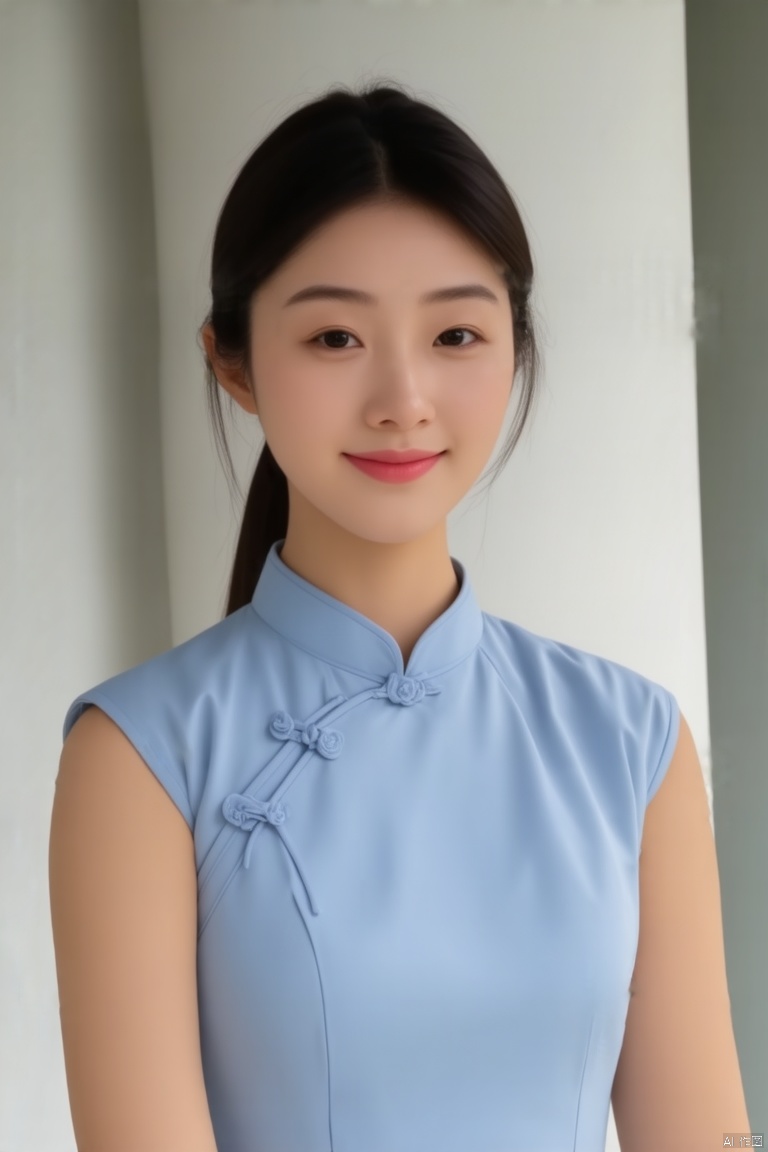 a medium-sized Asian woman stands in front of a white wall. She is wearing a light blue sleeveless button-down qipao with a collar. Her hair is pulled back in a ponytail, adding a touch of texture to her face. Her eyes are a piercing black, and her lips is a vibrant shade of pink. Her eyebrows are a darker shade of brown, and she has a slight smile on her lips. The wall behind her is a light gray, and there is a white pillar behind her.