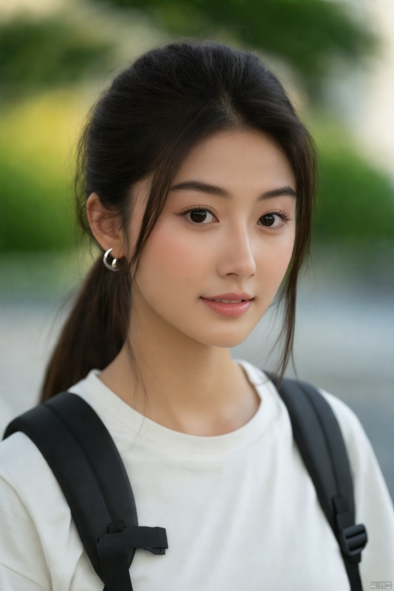 (a young Asian woman, long dark brown hair, white t-shirt, black backpack, piercing black eyes, pinkish-pink lips, hair in a ponytail, (best quality,4k,8k,highres,masterpiece:1.2), ultra-detailed, (realistic,photorealistic,photo-realistic:1.37), HDR, UHD, studio lighting, ultra-fine painting, sharp focus, physically-based rendering, extreme detail description, professional, vivid colors, bokeh, detailed face, beautiful detailed eyes, beautiful detailed lips, extremely detailed eyes and face, long eyelashes, natural makeup, casual style, outdoor setting, soft sunlight, warm tones, modern urban background, clean and simple, minimalist, contemporary art, portraiture)