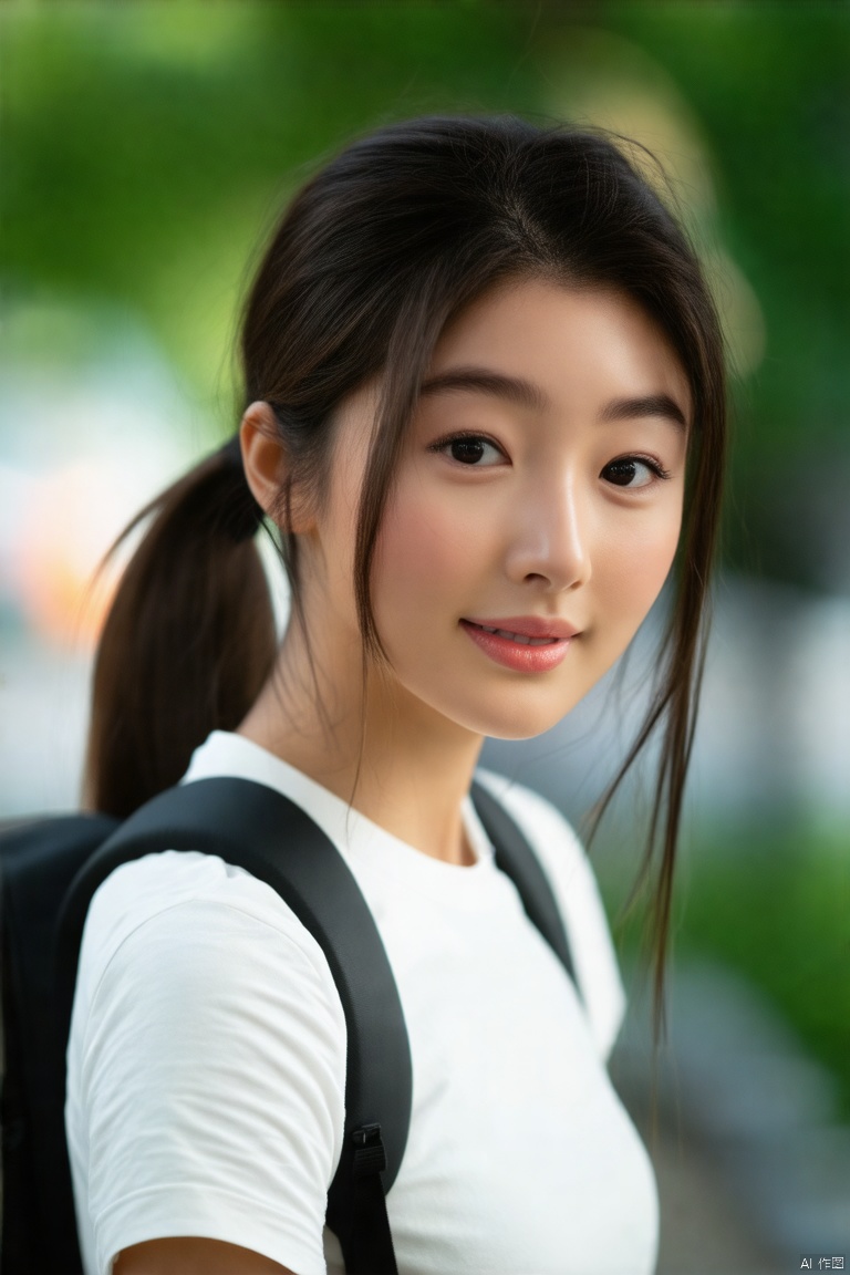 a young Asian woman with long dark brown hair, wearing a white t-shirt and a black backpack. The woman's eyes are a piercing black, and her lips are a pinkish-pink. Her hair is pulled back in a ponytail, adding a pop of color to her face