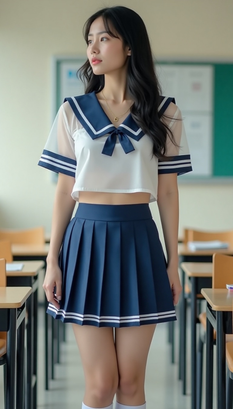 A close-up shot of a young woman standing in the classroom. She wears a serafuku school uniform consisting of a crisp shee...