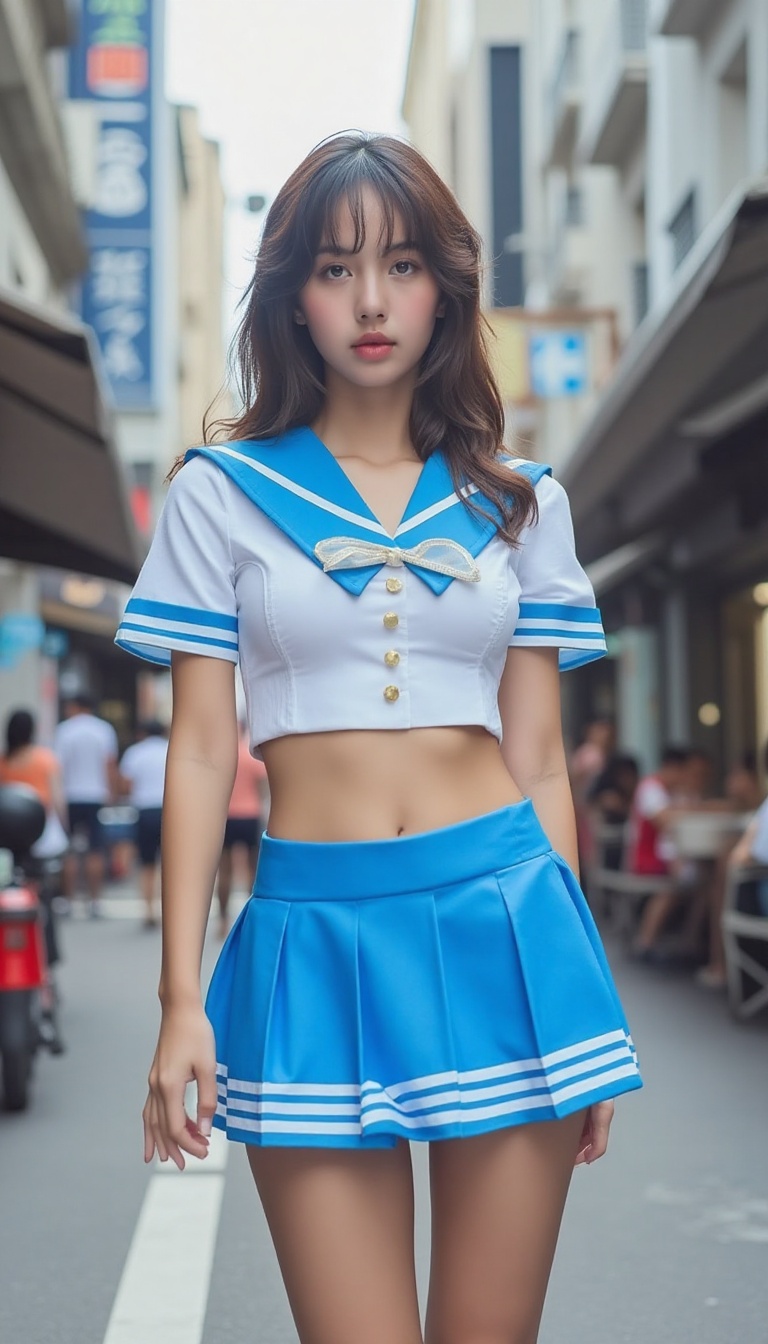 A tight frame captures a youthful student,  standing amidst a busy street scene. Her serafuku uniform shines: a snowy blou...