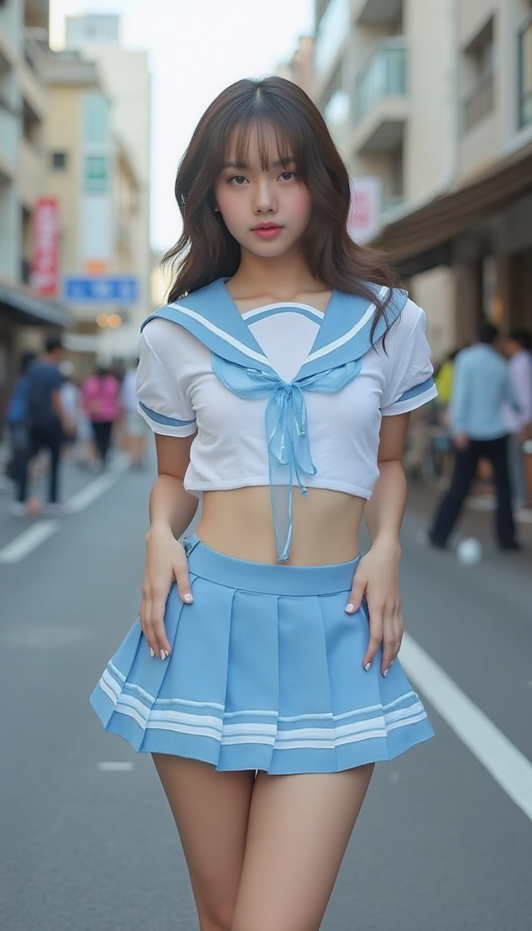 A tight frame captures a youthful student,  standing amidst a busy street scene. Her serafuku uniform shines: a snowy blou...