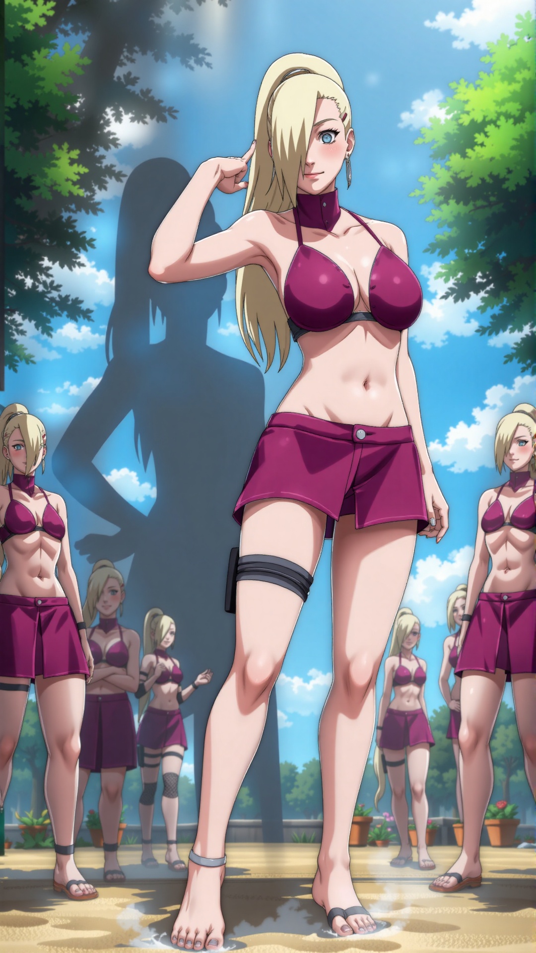 In a warm summer setting,  Ino Yamanaka poses in a red bikini,  her golden hair cascading down her back as she gazes out a...