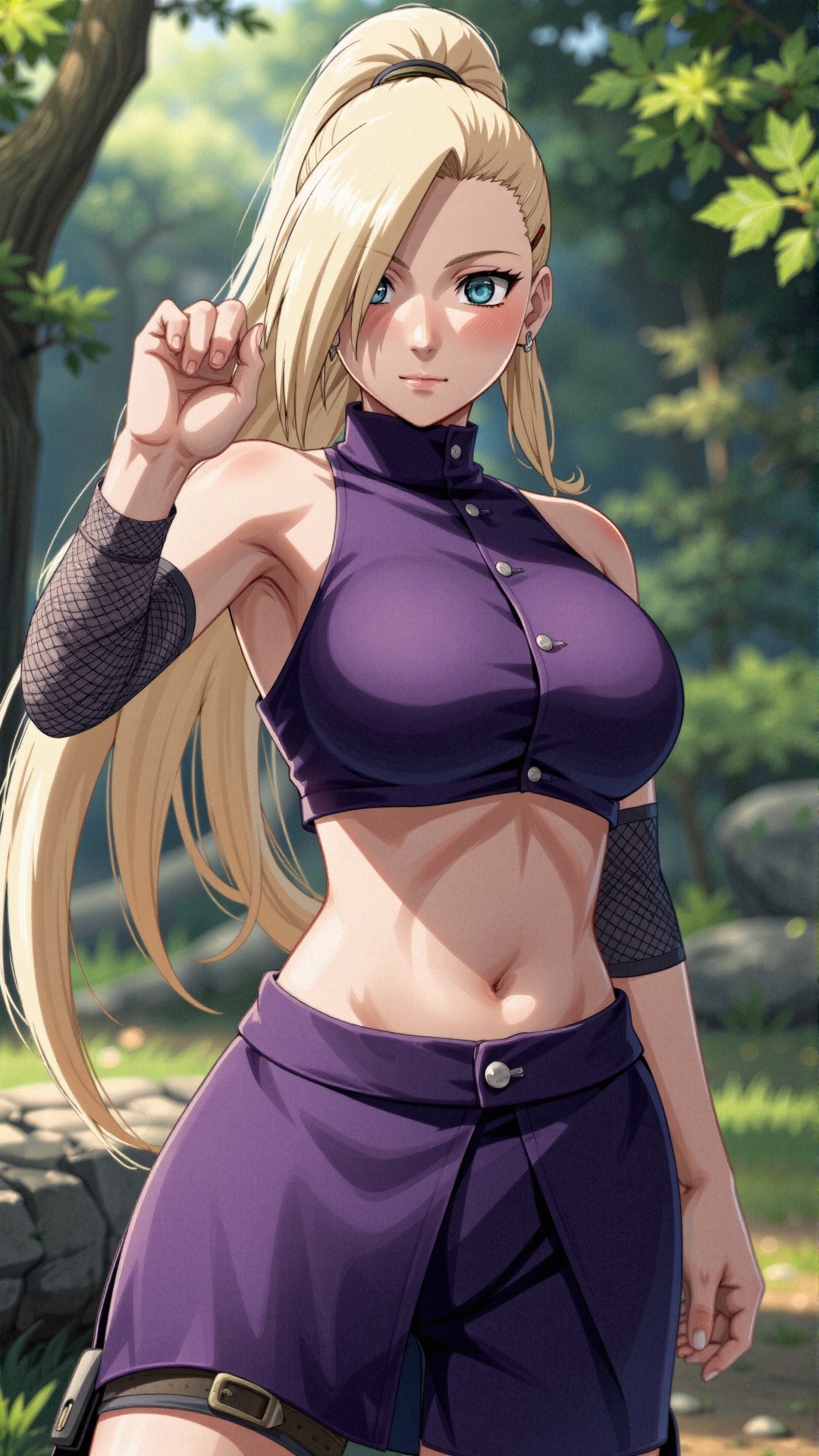 Ino Yamanaka,  a young and vibrant ninja-in-training,  stands confidently with her blonde hair blowing gently in the wind....