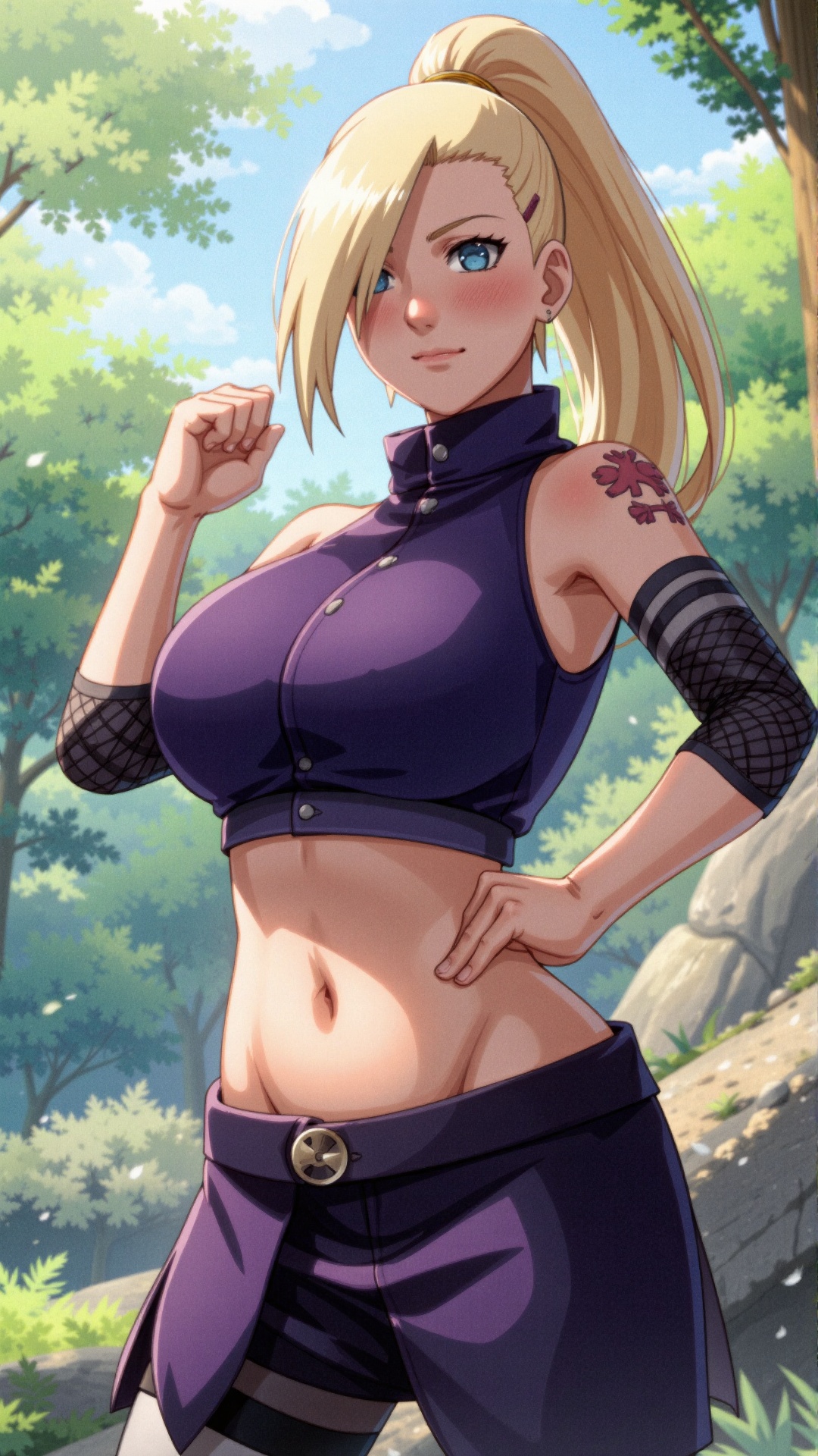 Ino Yamanaka,  a young and vibrant ninja-in-training,  stands confidently with her blonde hair blowing gently in the wind....