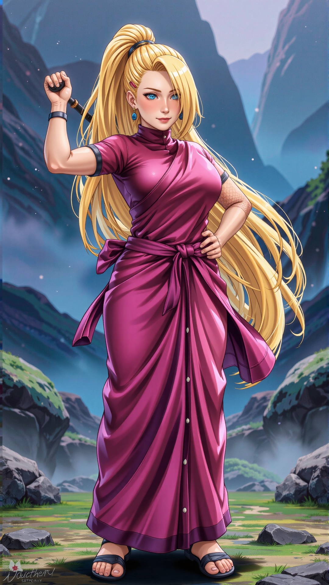 A vibrant anime-inspired scene: Ino Yamanaka,  a blonde-haired heroine,  stands proudly in a traditional Indian saree on T...