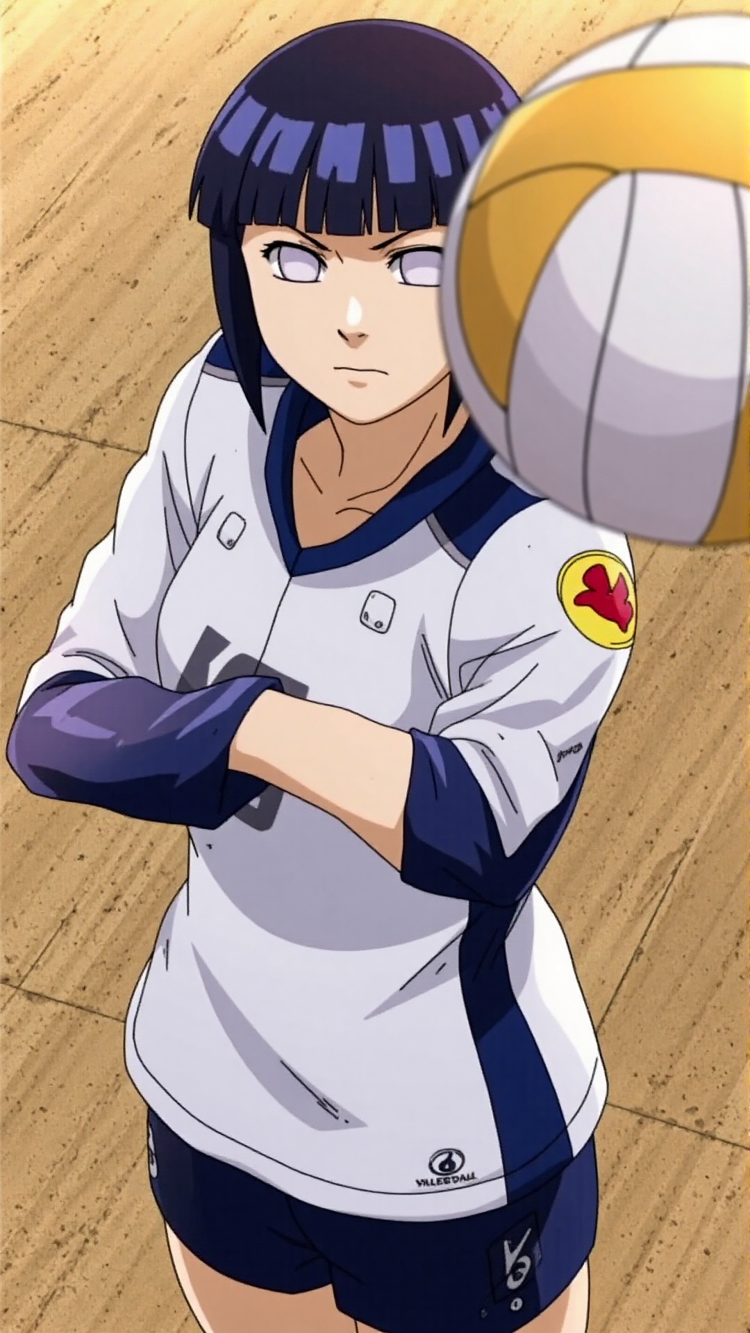 A close-up shot captures Hinata Hyūga's determined expression as she gazes intensely at a volleyball flying towards her. S...
