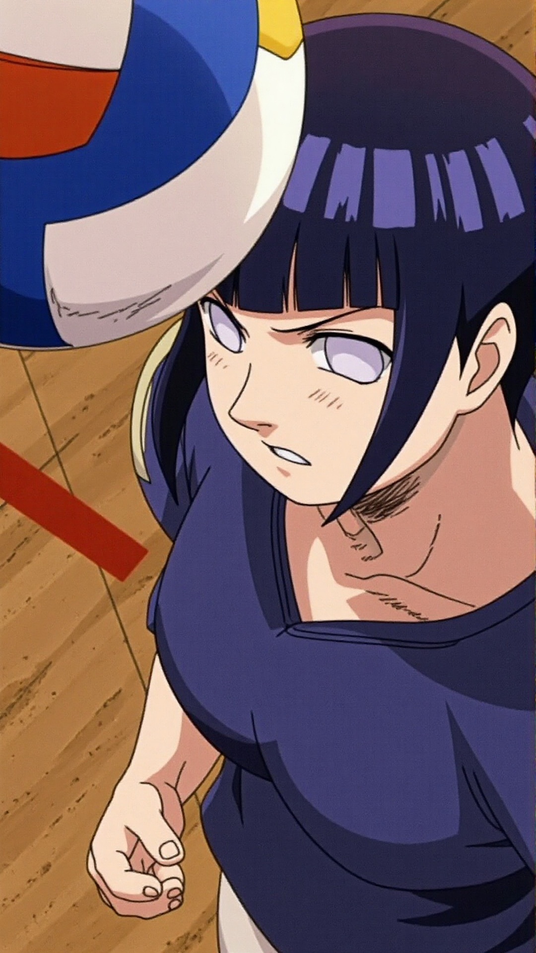 A close-up shot captures Hinata Hyūga's determined expression as she gazes intensely at a volleyball flying towards her. S...