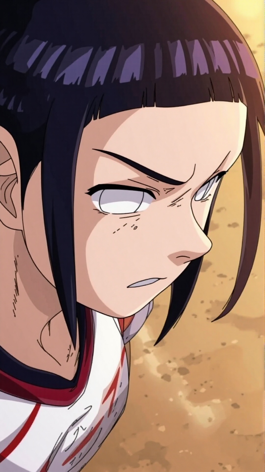 A close-up shot of Hinata Hyūga's determined face,  with a soft focus on her eyes and a hint of sweat glistening on her fo...