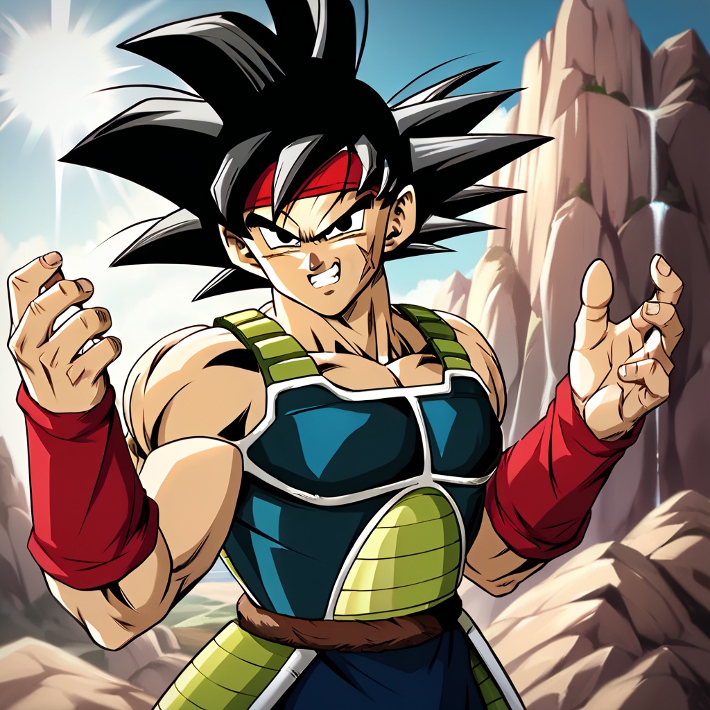 Bardock,  Red scarf on forehead,  red wristbands on Tensor.Art