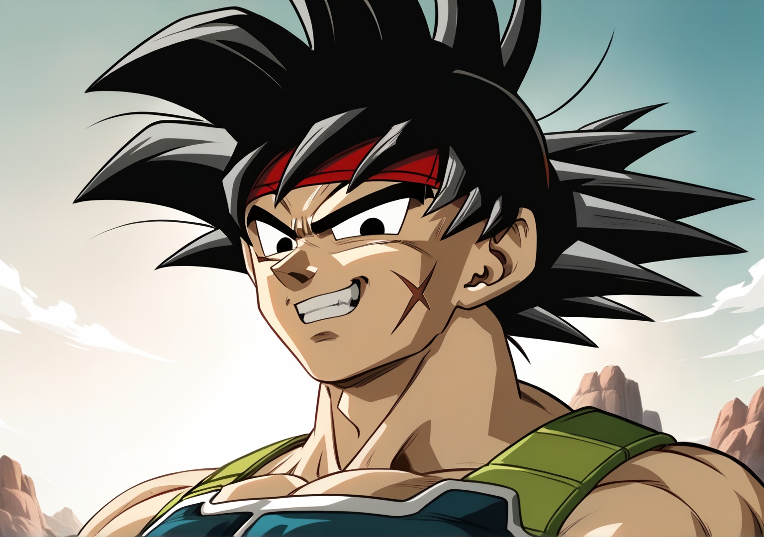 Bardock,  Red scarf on forehead,  red wristbands on Tensor.Art