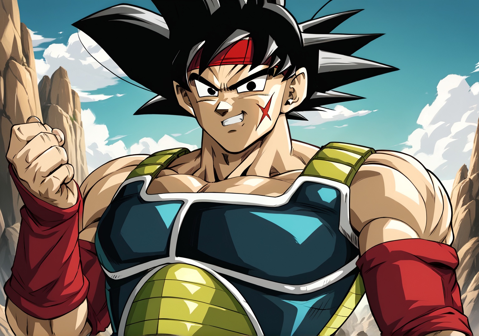 Bardock,  Red scarf on forehead,  red wristbands on Tensor.Art