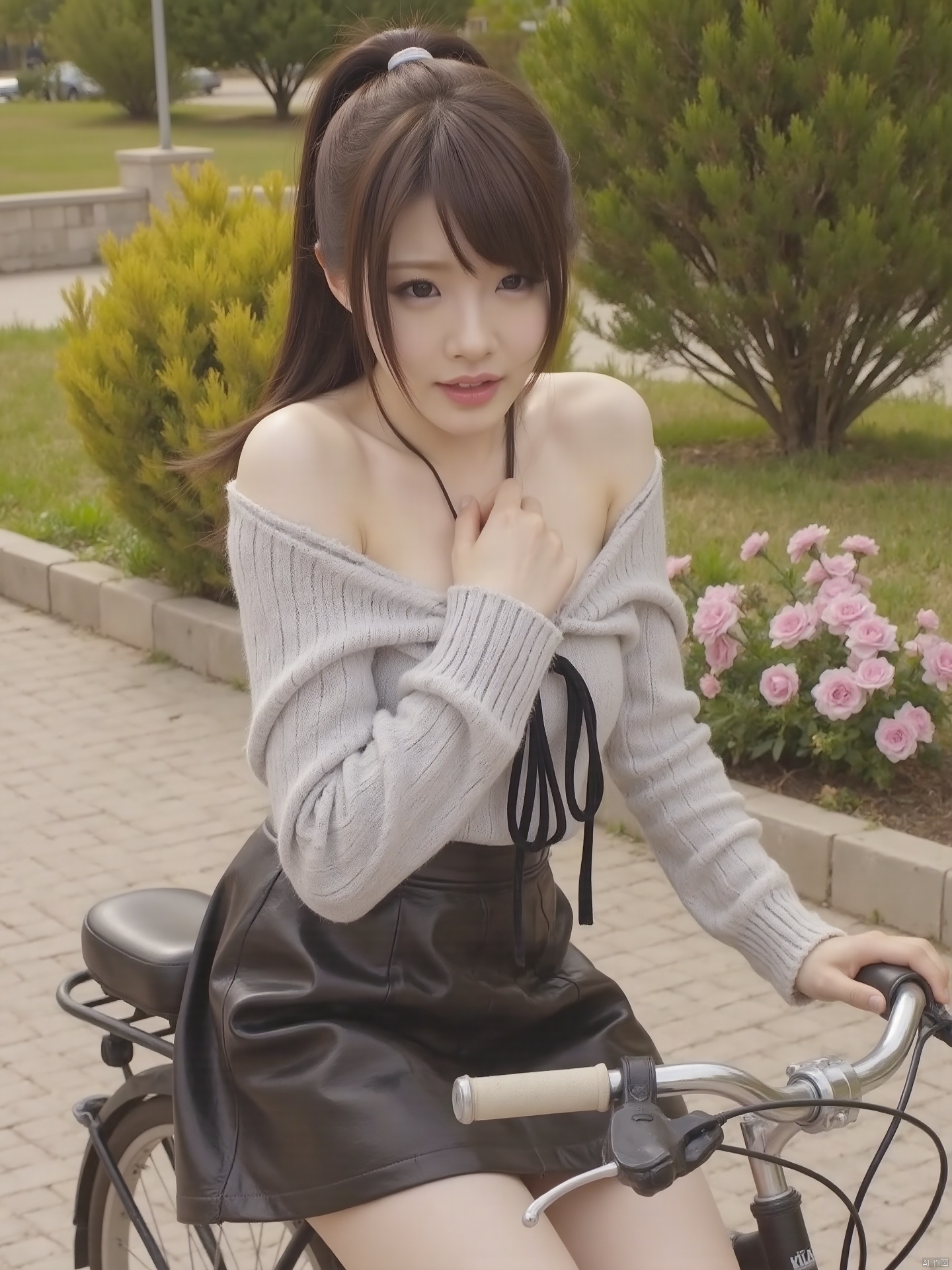 Realistic photo, 1girl, big eyes, ponytail, fair skin, huge breasts, off shoulder sweater, short leather skirt, upper body, park, flowers, (riding a bicycle),