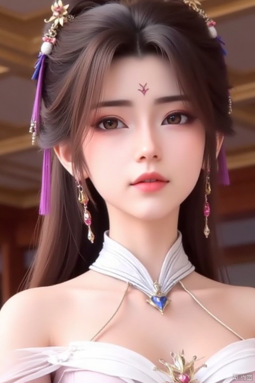 1girl, solo, brown hair, black hair, hair ornament, dress, bare shoulders, jewelry, upper body, earrings, parted lips, indoors, hair bun, white dress, facial mark, forehead mark