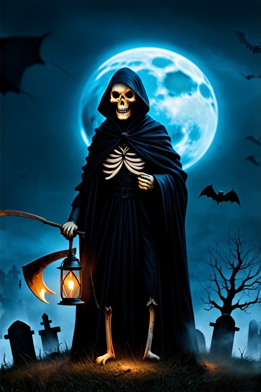 terrifying skeleton in dark Halloween theme holding an old rusty scythe in one hand and a glowing lantern in the other,  d...