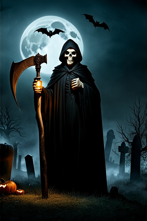 terrifying skeleton in dark Halloween theme holding an old rusty scythe in one hand and a glowing lantern in the other,  d...