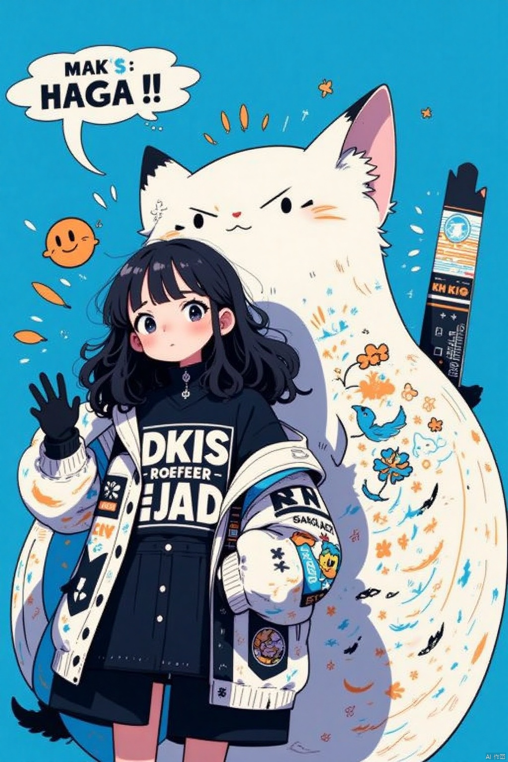 Flat illustration poster design,Captured in a vibrant blue sky,a cartoon drawing of a girl with long black hair stands in front of a white fox. The fox is adorned with a black and white jacket,adorned with the letters "DKIS" and "ROFER JAK" in a bold font. The girl's hair is pulled back in a ponytail,adding a pop of color to the scene. The background is a vibrant shade of blue,creating a striking contrast to the girl and the fox. To the right of the fox