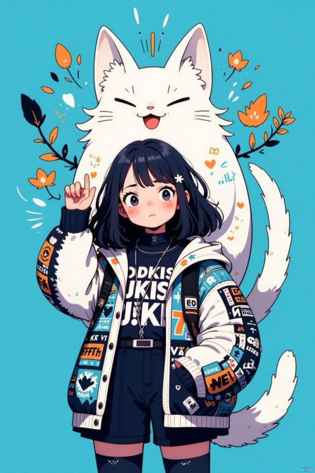 Flat illustration poster design,Captured in a vibrant blue sky,a cartoon drawing of a girl with long black hair stands in front of a white fox. The fox is adorned with a black and white jacket,adorned with the letters "DKIS" and "ROFER JAK" in a bold font. The girl's hair is pulled back in a ponytail,adding a pop of color to the scene. The background is a vibrant shade of blue,creating a striking contrast to the girl and the fox. To the right of the fox